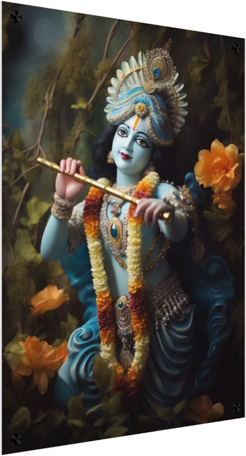 A serene digital painting of Lord Krishna with blue skin, holding a golden flute amidst golden flowers. — acrylic preview | PrintPosters.in